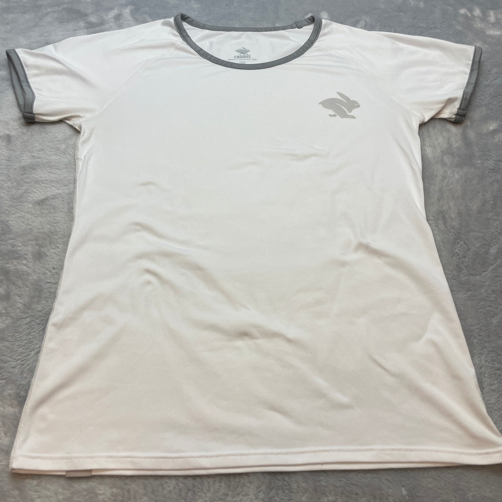 Rabbit Womens Running Ringer Tee T-Shirt Size S White Reflective Logo Activewear